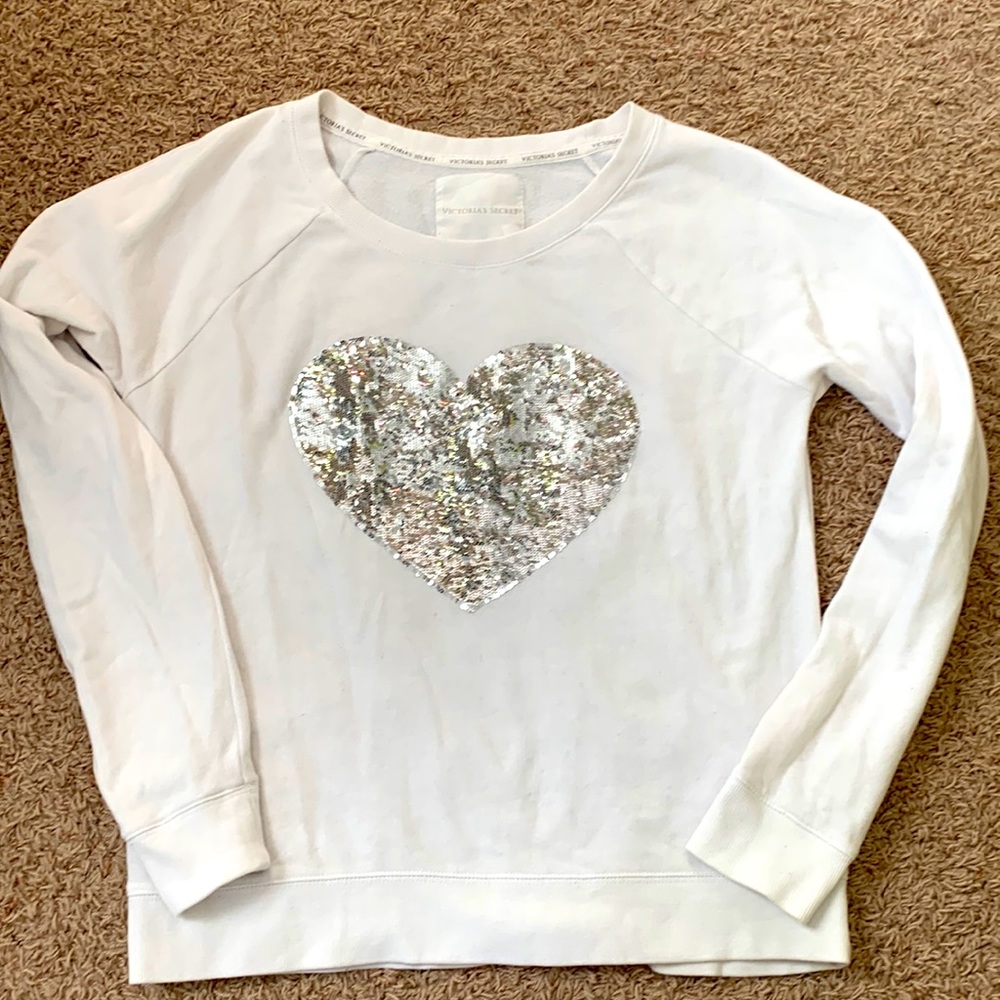 Victoria’s Secret Y2K RARE Sequin Heart Sweatshirt M White Silver Glam Girly